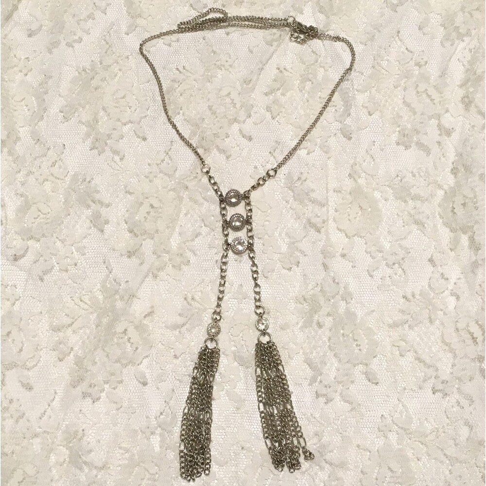Vintage Tassel Lariat Long Chain Pendant Necklace Open Bezel Silvertone Layered